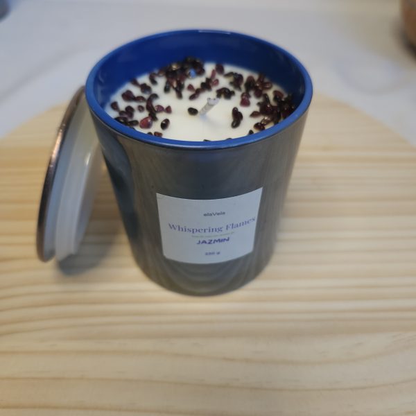 Velas de Soja Aromáticas en Tarro Azul: Aroma de Jazmin, colección Whispering Flames