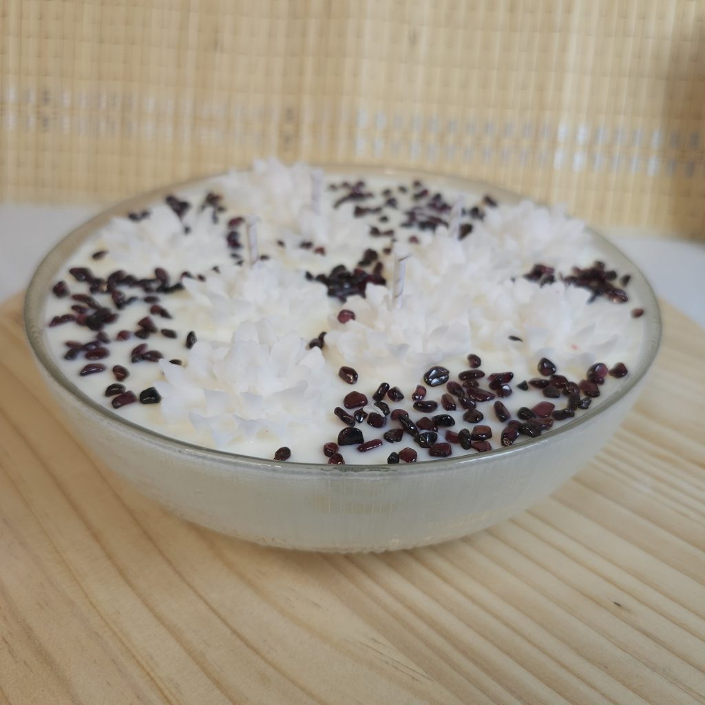 Velas aromática - Templo de Luz – Centro aromático de soja con flores y granates - Colección Essence Mélange