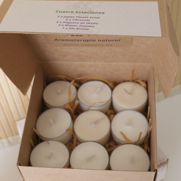 Velas de té flotantes colocadas en caja.